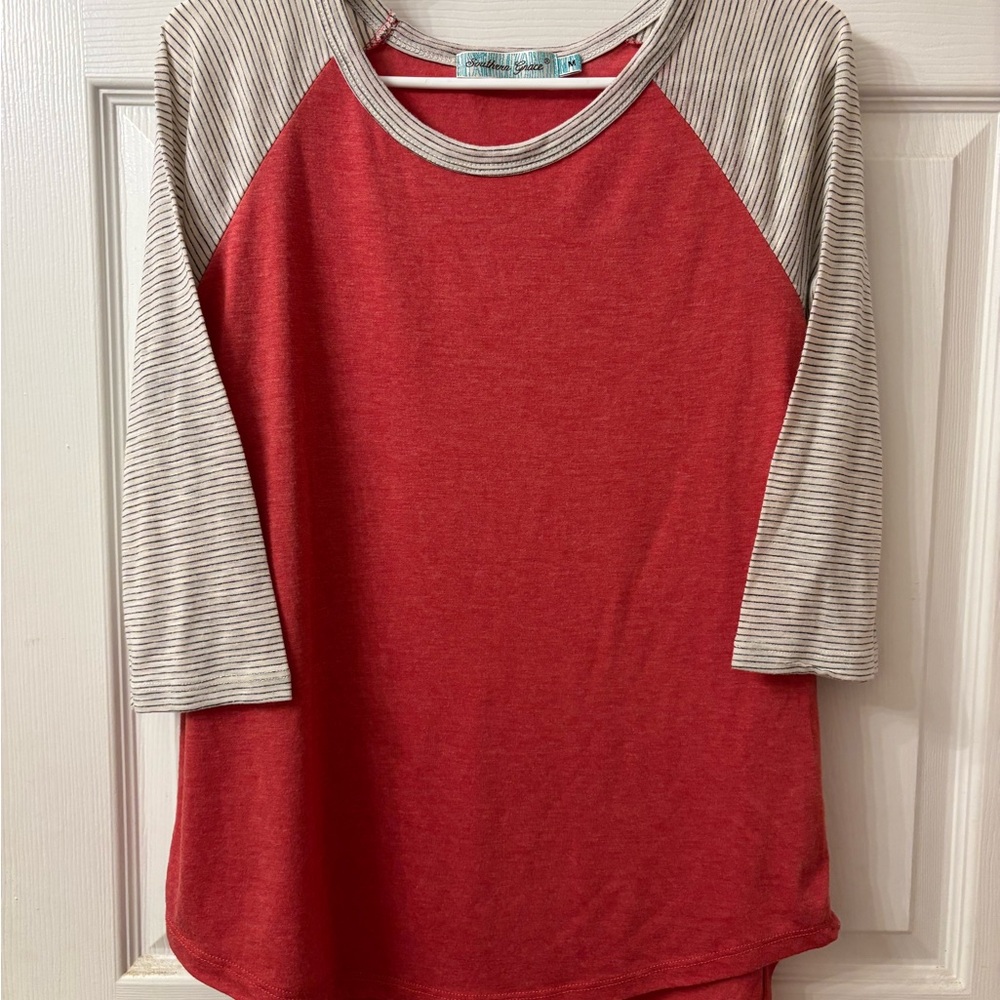 Southern Grace Red Top with Striped Collar